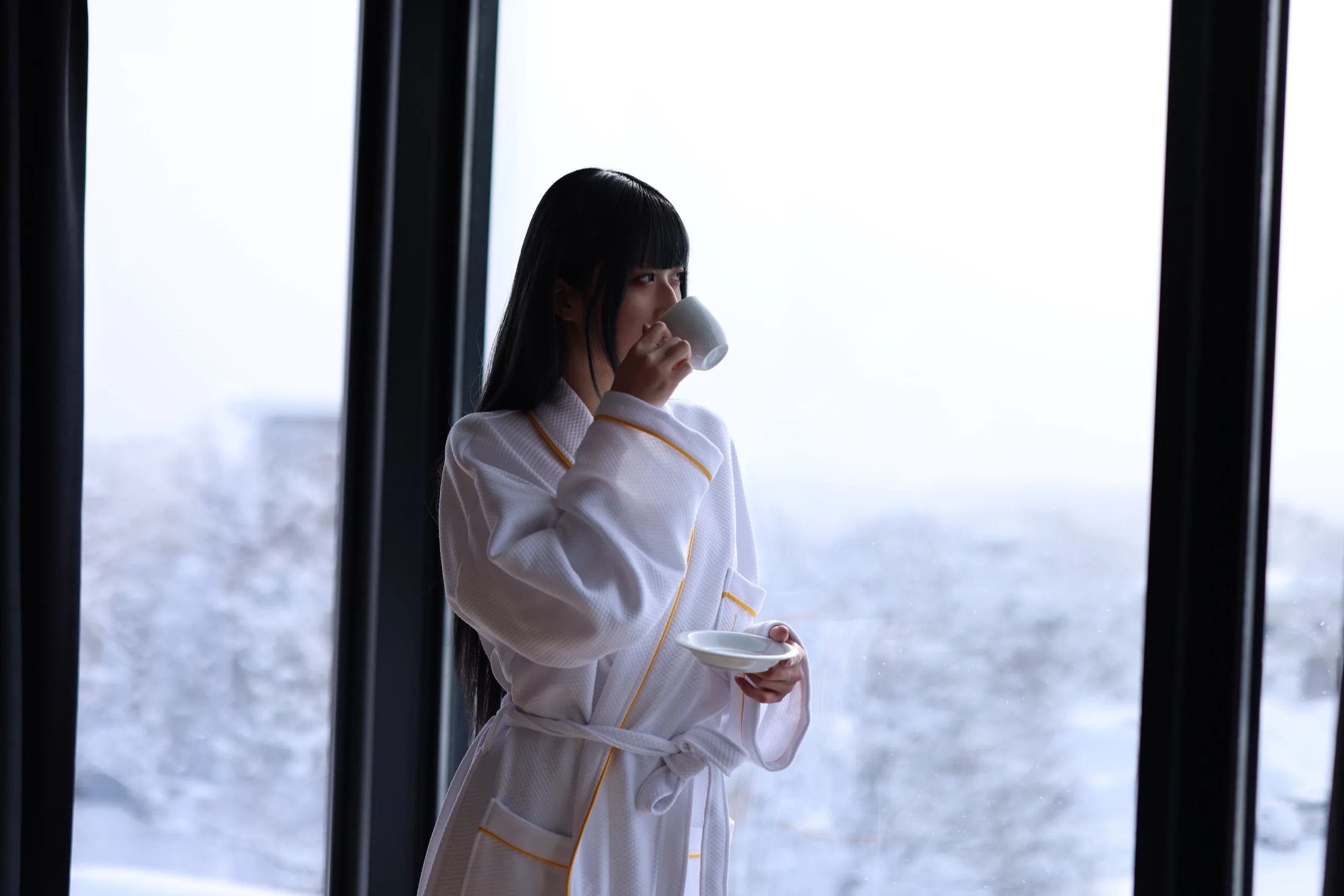 Morning coffee at HOTELA overlooking Niseko snow